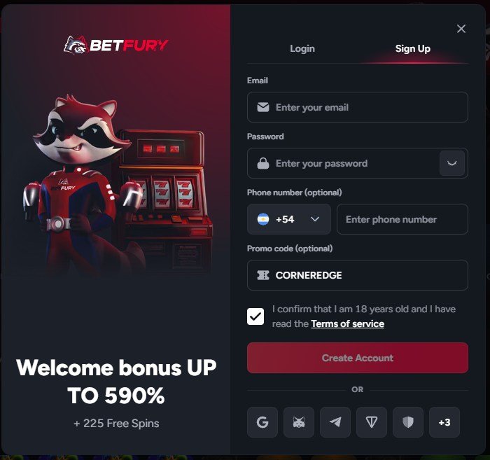 BetFury sign up form with the promo code CORNEREDGE in the Promo code (optional) box