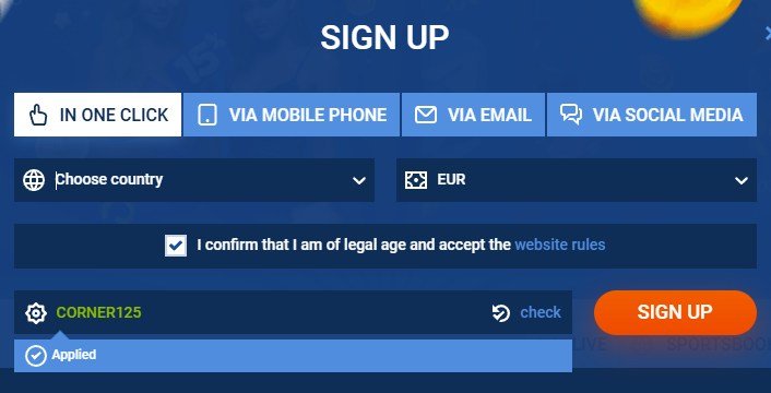 Mostbet sign up form with the promo code CORNER125 entered and marked Applied