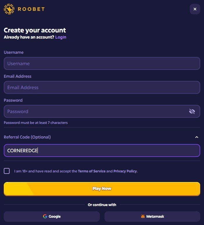 Roobet sign up form with the promo code CORNEREDGE in the Referral Code (Optional) box